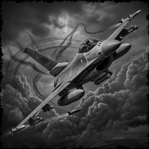 Black and white image of a fighter jet with contrails against a dramatic sky.