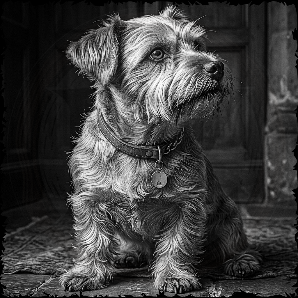 Black and white portrait of a dog sitting on a textured surface.