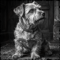 Black and white portrait of a dog sitting on a textured surface.