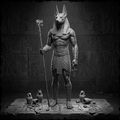 Statue of a Egyptian deity with hieroglyphs in the background