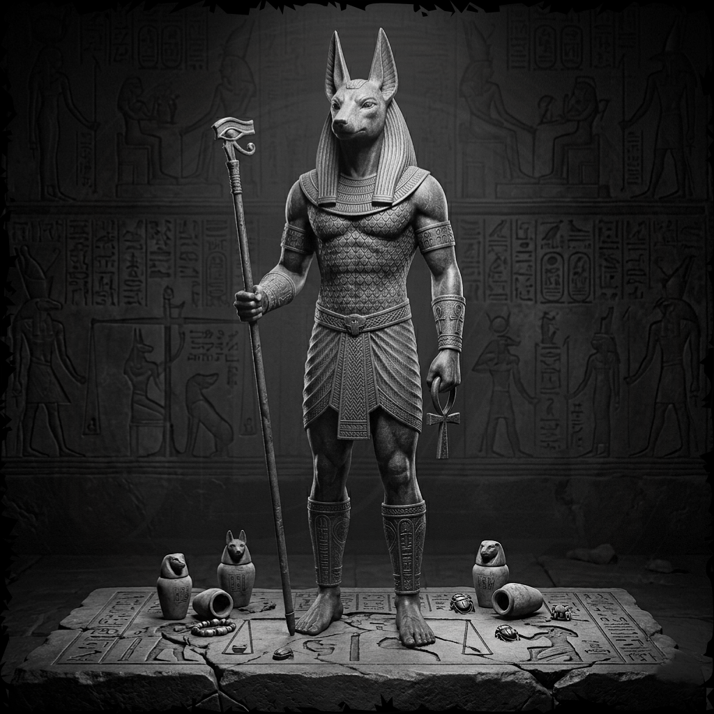 Statue of a Egyptian deity with hieroglyphs in the background