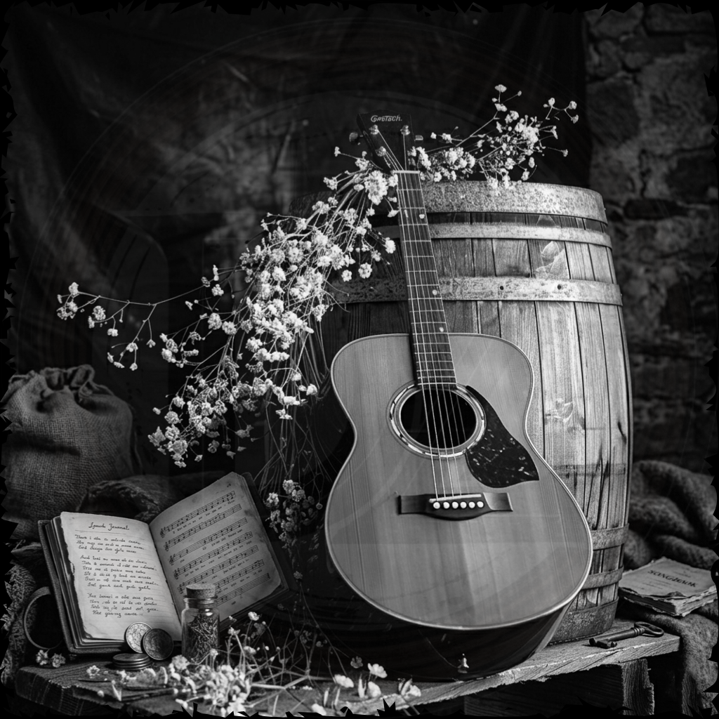 Acoustic guitar leaning against a wooden barrel with flowers and books on a stone surface.
