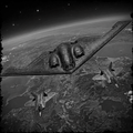 Black and white image of a bomber aircraft with a fighter jet underneath, flying over a landscape.