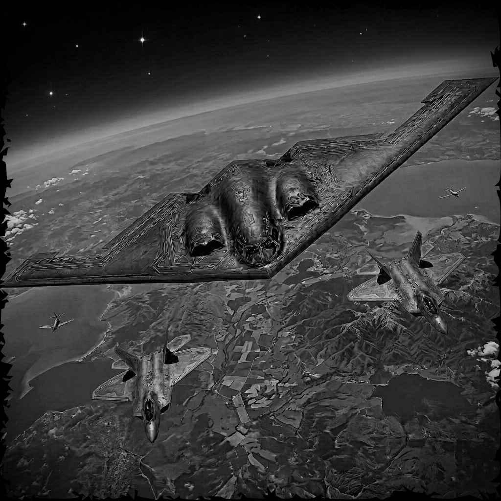 Black and white image of a bomber aircraft with a fighter jet underneath, flying over a landscape.