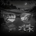 Sunglasses reflecting a beach scene with palm trees and stars on a reflective surface.