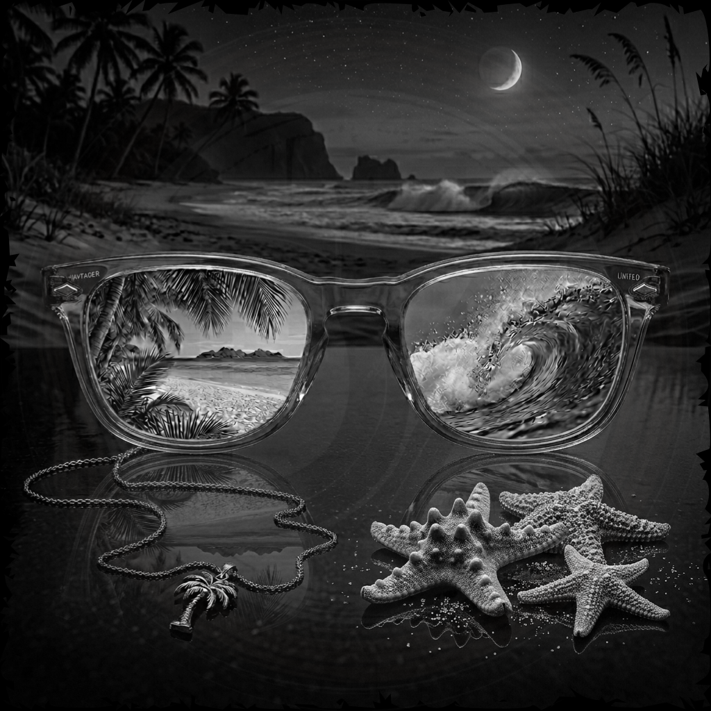 Sunglasses reflecting a beach scene with palm trees and stars on a reflective surface.