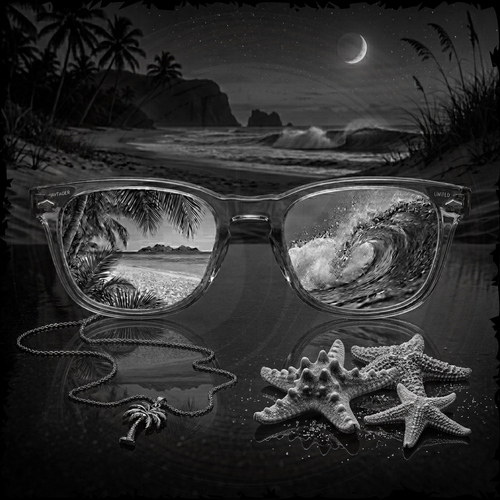 Sunglasses reflecting a beach scene with palm trees and stars on a reflective surface.