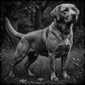 Dog standing in a forest with a detailed black and white illustration style.