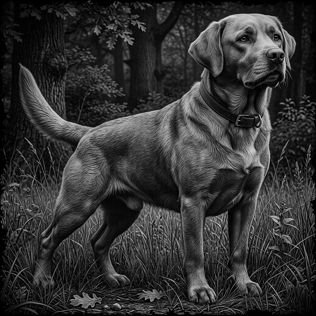 Dog standing in a forest with a detailed black and white illustration style.