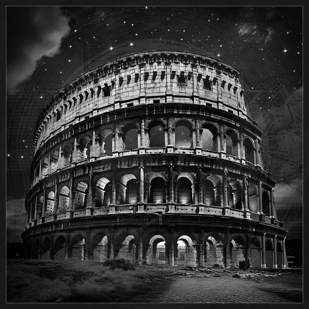 Black and white image of the Colosseum under a starry night sky