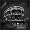 Black and white image of the Colosseum under a starry night sky