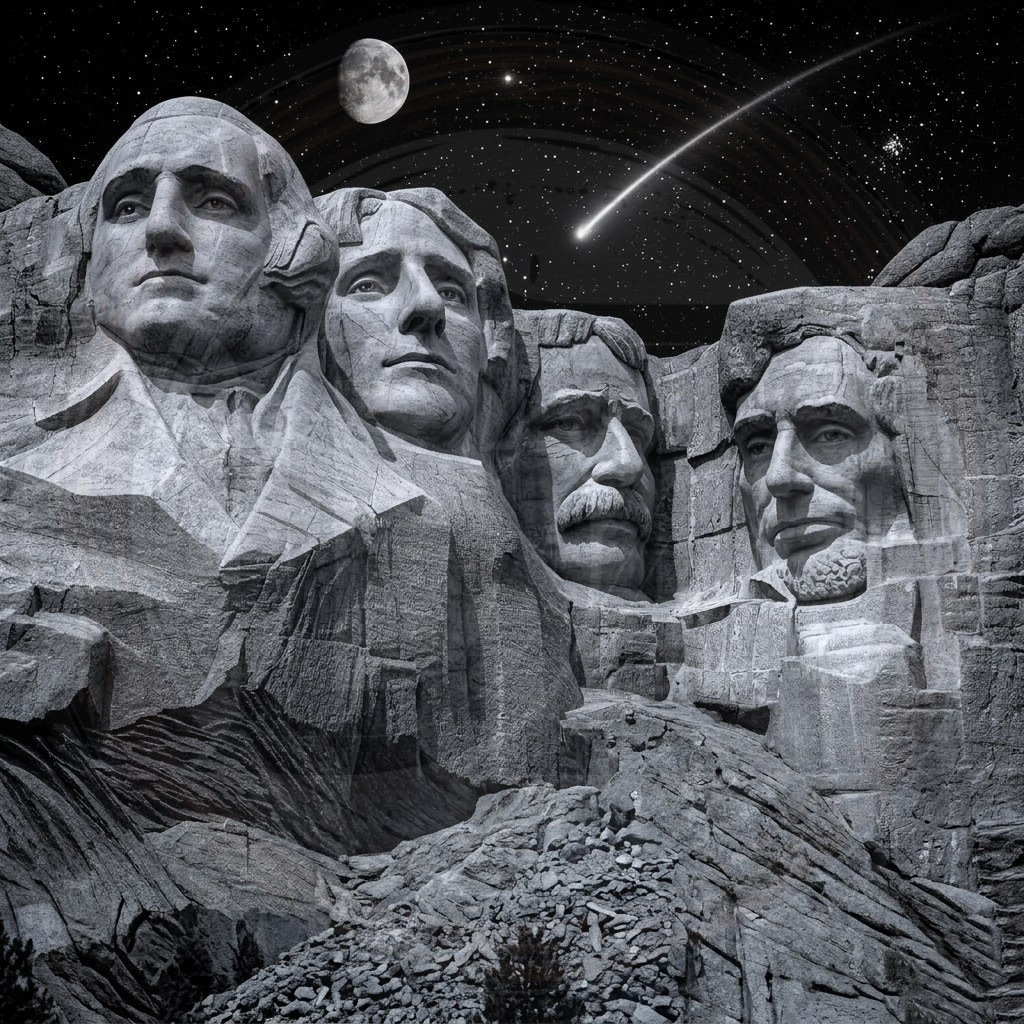 Black and white image of Mount Rushmore with a celestial background