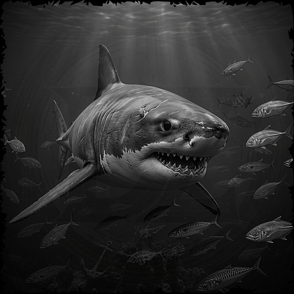 Black and white image of a shark swimming among smaller fish in an underwater scene.