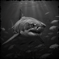 Black and white image of a shark swimming among smaller fish in an underwater scene.