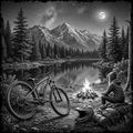 Black and white illustration of a person by a campfire with a bicycle and backpack near a lake and mountains.