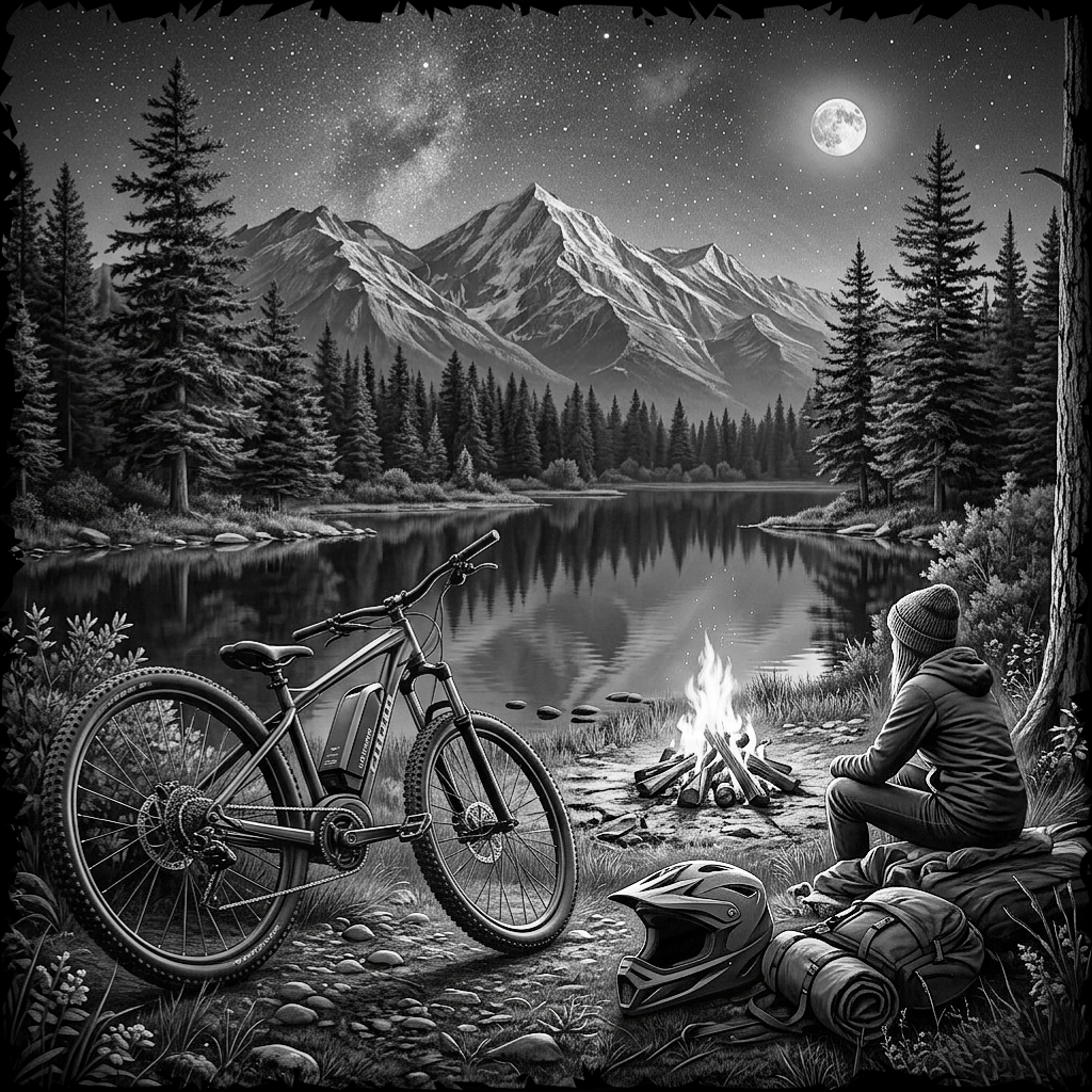 Black and white illustration of a person by a campfire with a bicycle and backpack near a lake and mountains.