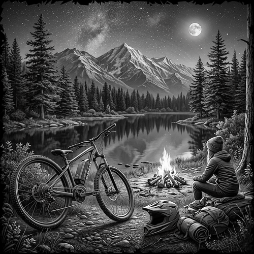 Black and white illustration of a person by a campfire with a bicycle and backpack near a lake and mountains.