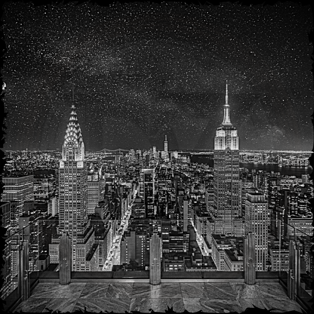 Black and white night view of a city skyline with prominent buildings.