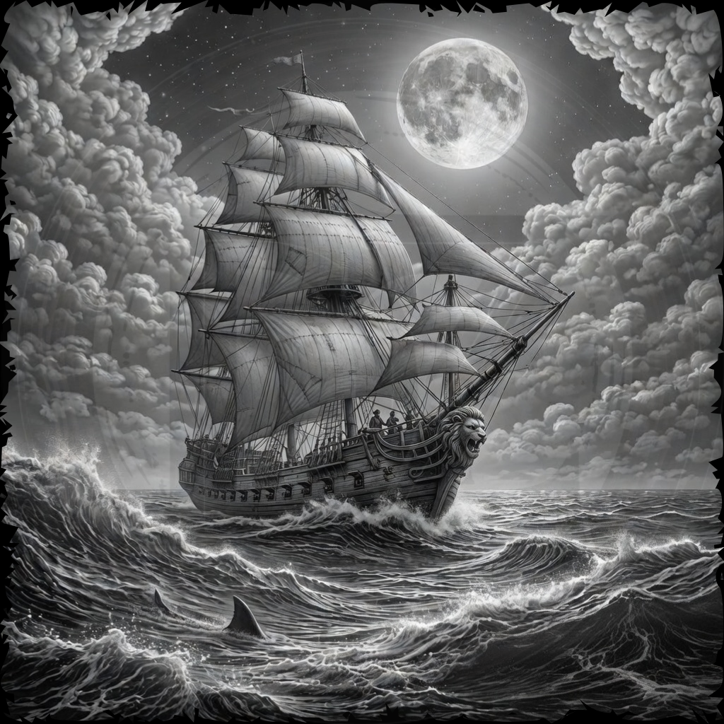 Vintage-style illustration of a ship at sea under a full moon.