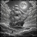 Vintage-style illustration of a ship at sea under a full moon.