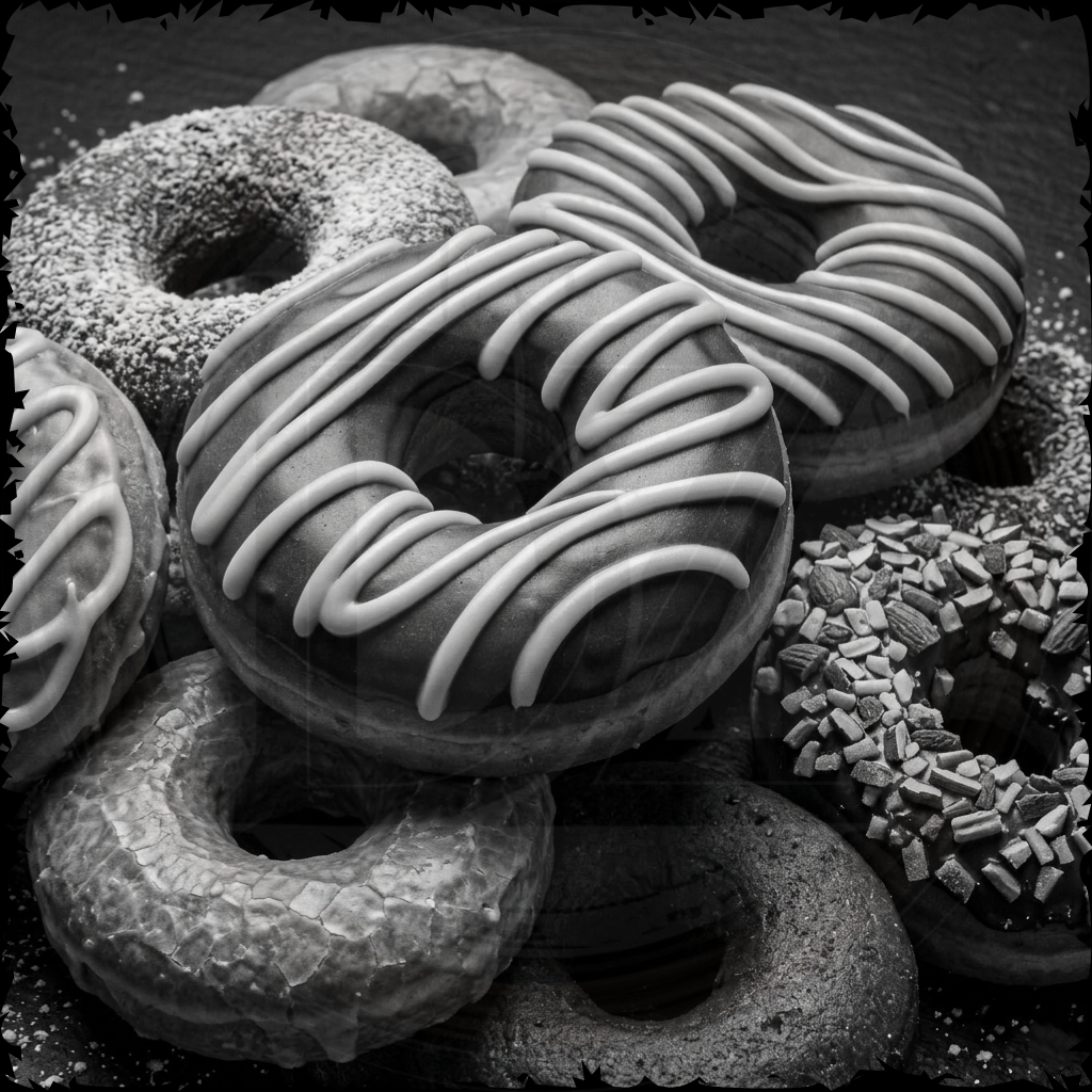 Stack of various donuts with different toppings in black and white.