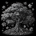 Black and white illustration of a tree with intricate details on a dark background
