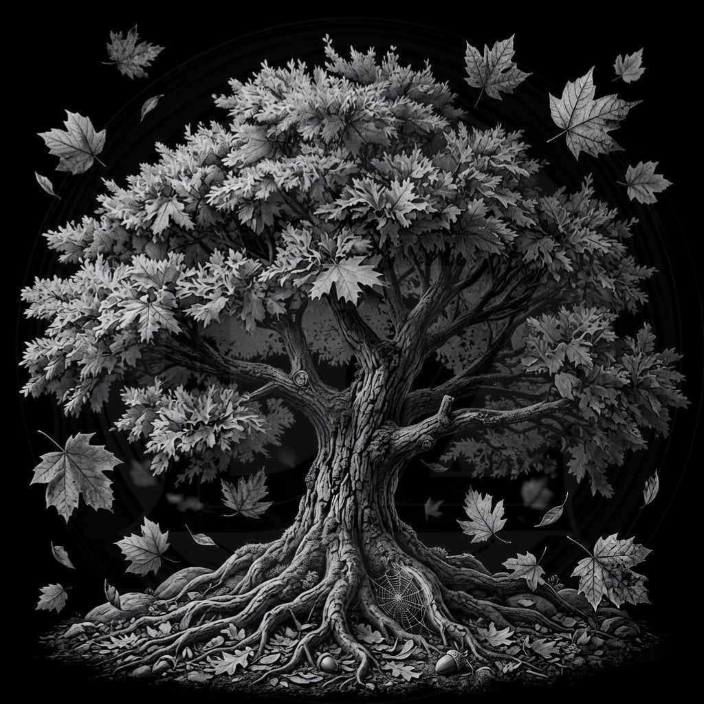 Black and white illustration of a tree with intricate details on a dark background