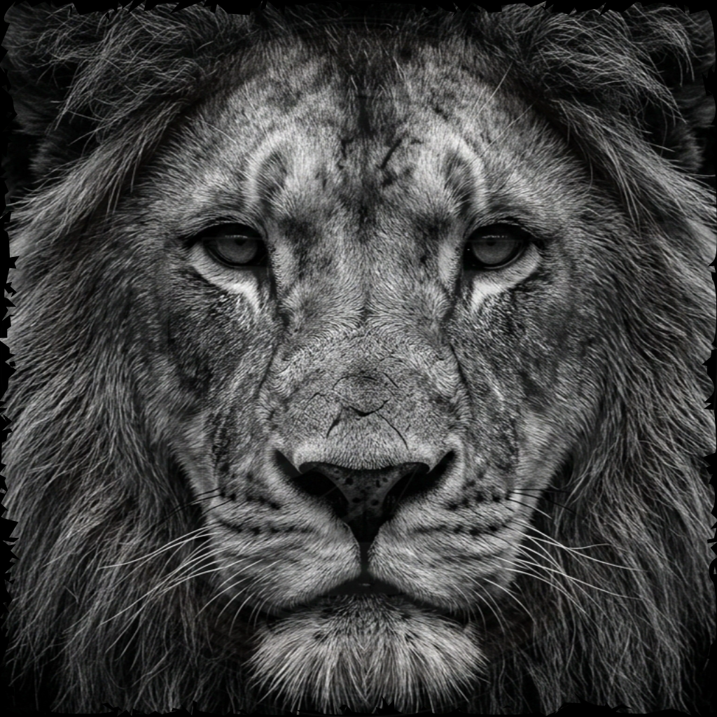 Close-up black and white photo of a lion's face