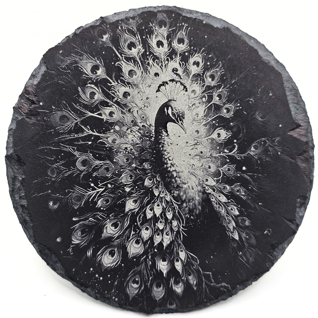 Black and white peacock design on a circular slate