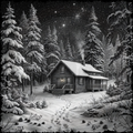 Log cabin in a snowy forest at night with stars in the sky