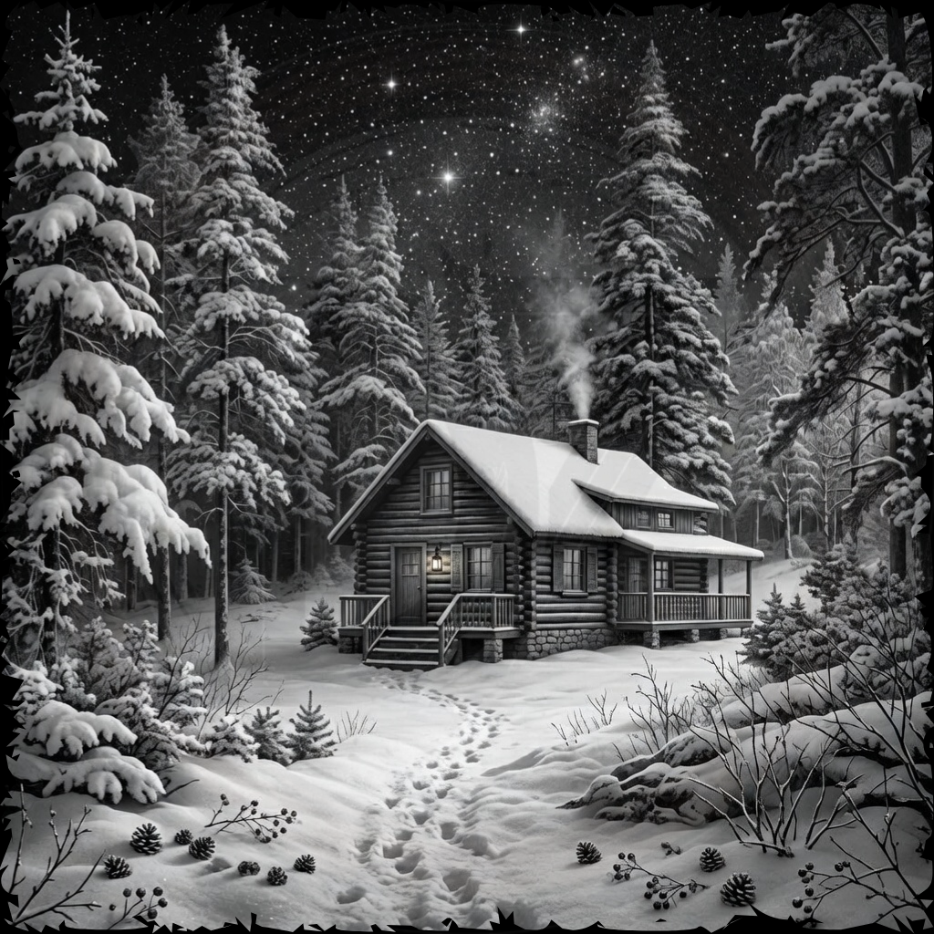 Log cabin in a snowy forest at night with stars in the sky
