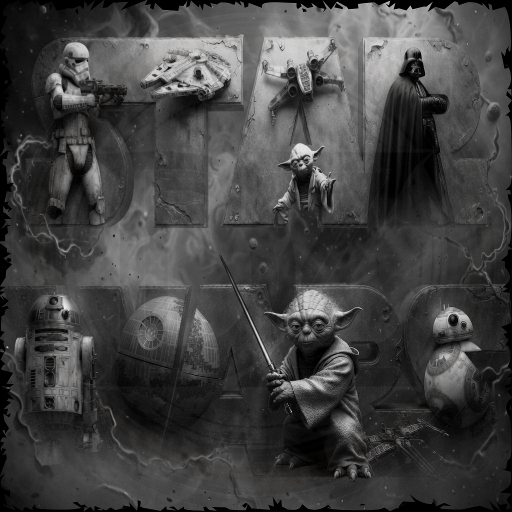 Black and white image of Star Wars characters on a textured wall.