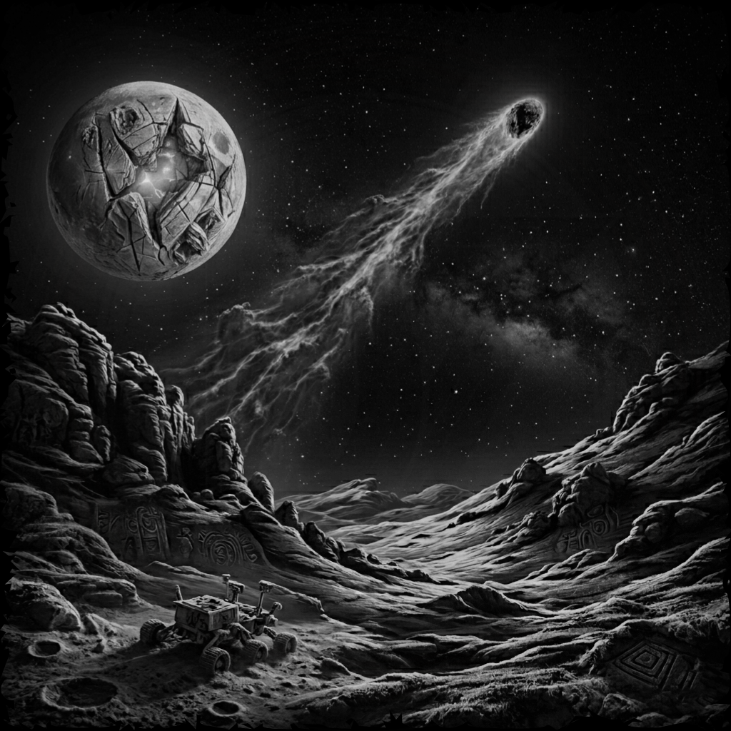 Black and white illustration of a lunar landscape with a rover, moon, and comet.