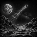 Black and white illustration of a lunar landscape with a rover, moon, and comet.