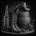 Black and white illustration of cowboy boots, whiskey bottle, and barrel on a dark background