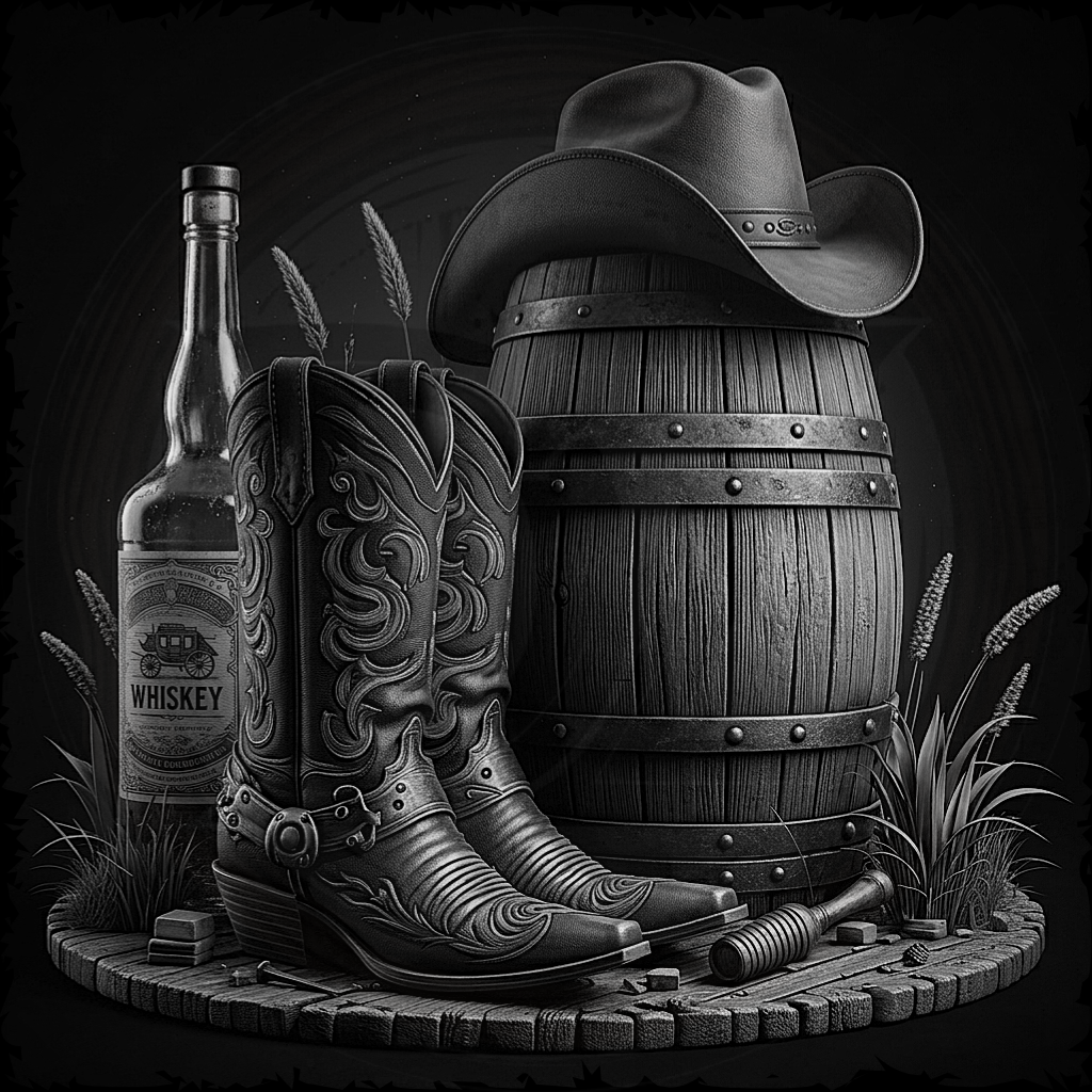 Black and white illustration of cowboy boots, whiskey bottle, and barrel on a dark background