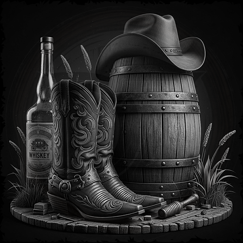 Black and white illustration of cowboy boots, whiskey bottle, and barrel on a dark background