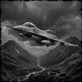 Gray fighter jet flying over a mountainous landscape with a river.