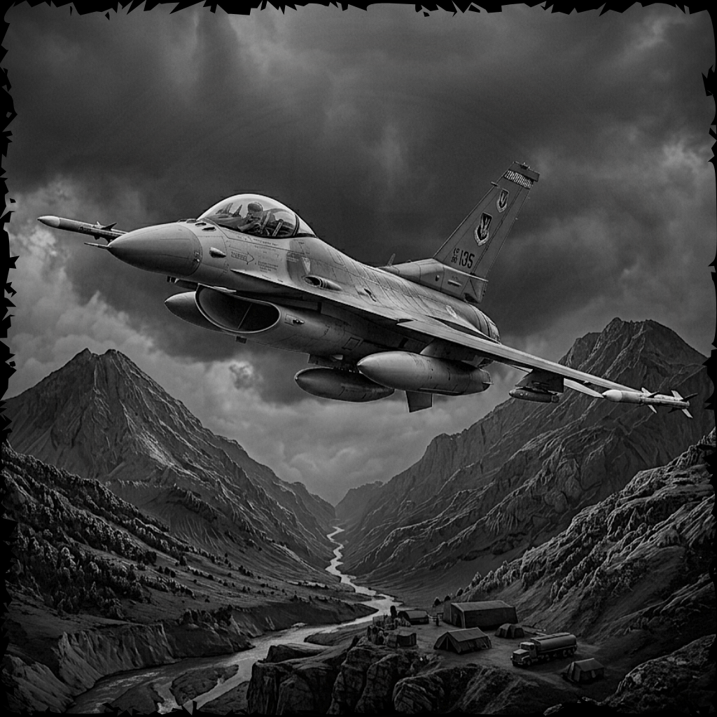 Gray fighter jet flying over a mountainous landscape with a river.