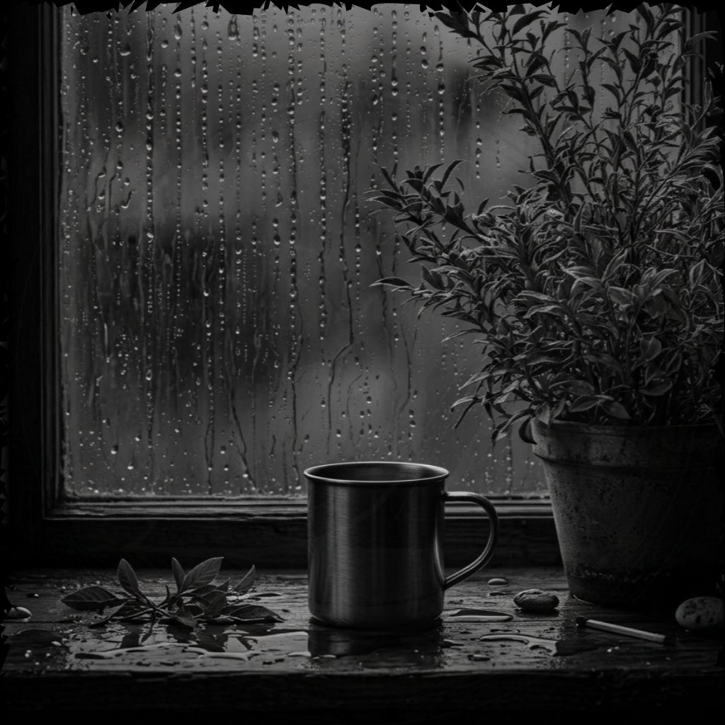 Mug and plant on a windowsill with raindrops on the glass