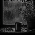 Mug and plant on a windowsill with raindrops on the glass