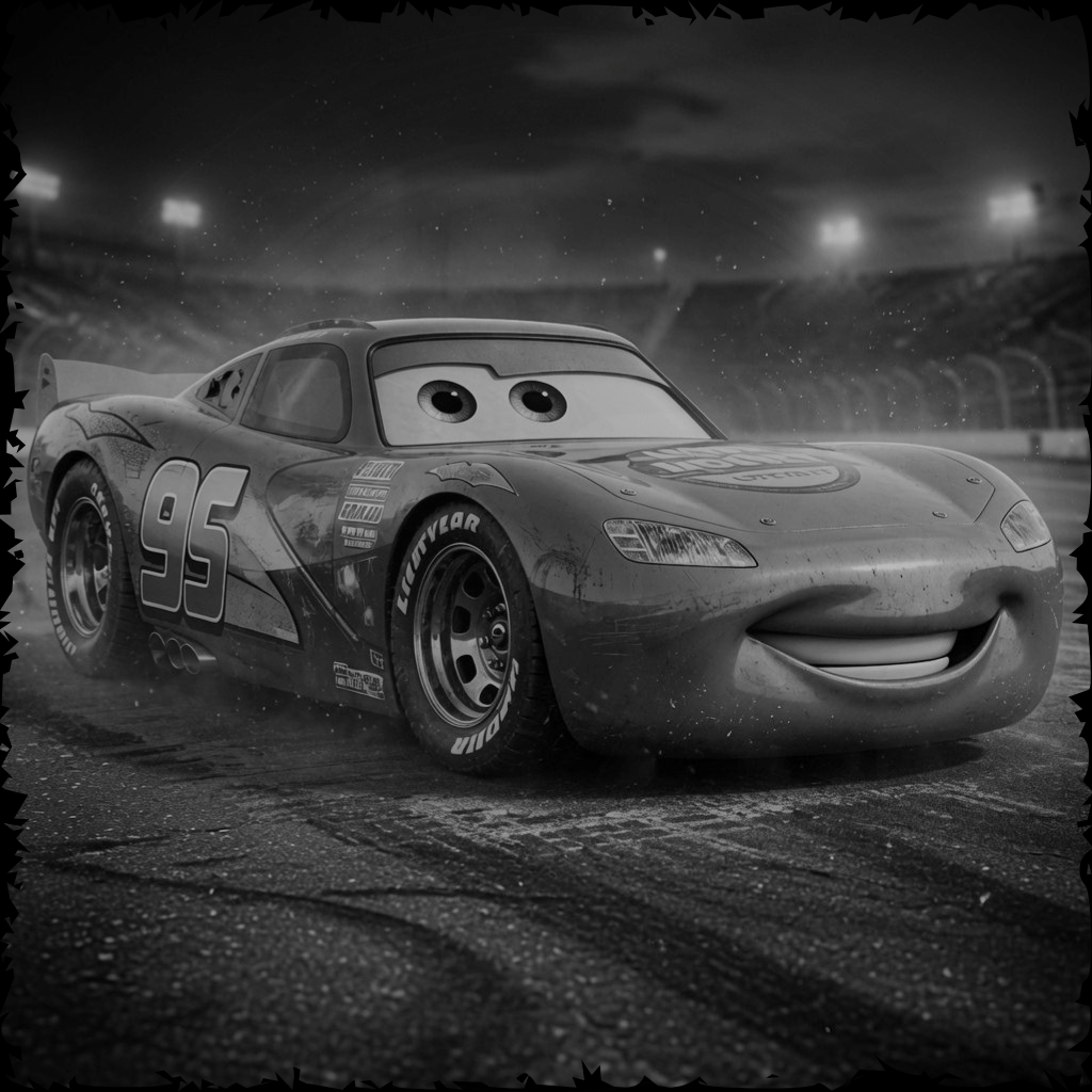 Animated race car with a smiling expression on a track at night.