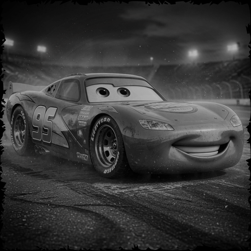 Animated race car with a smiling expression on a track at night.