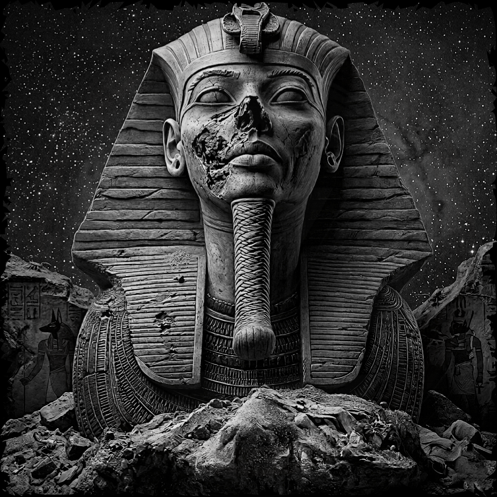 Black and white image of a sphinx with a starry sky background