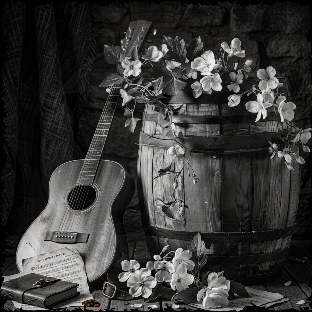 Guitar, wooden barrel, and flowers on a dark background