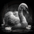 Black and white swan in water with lilies