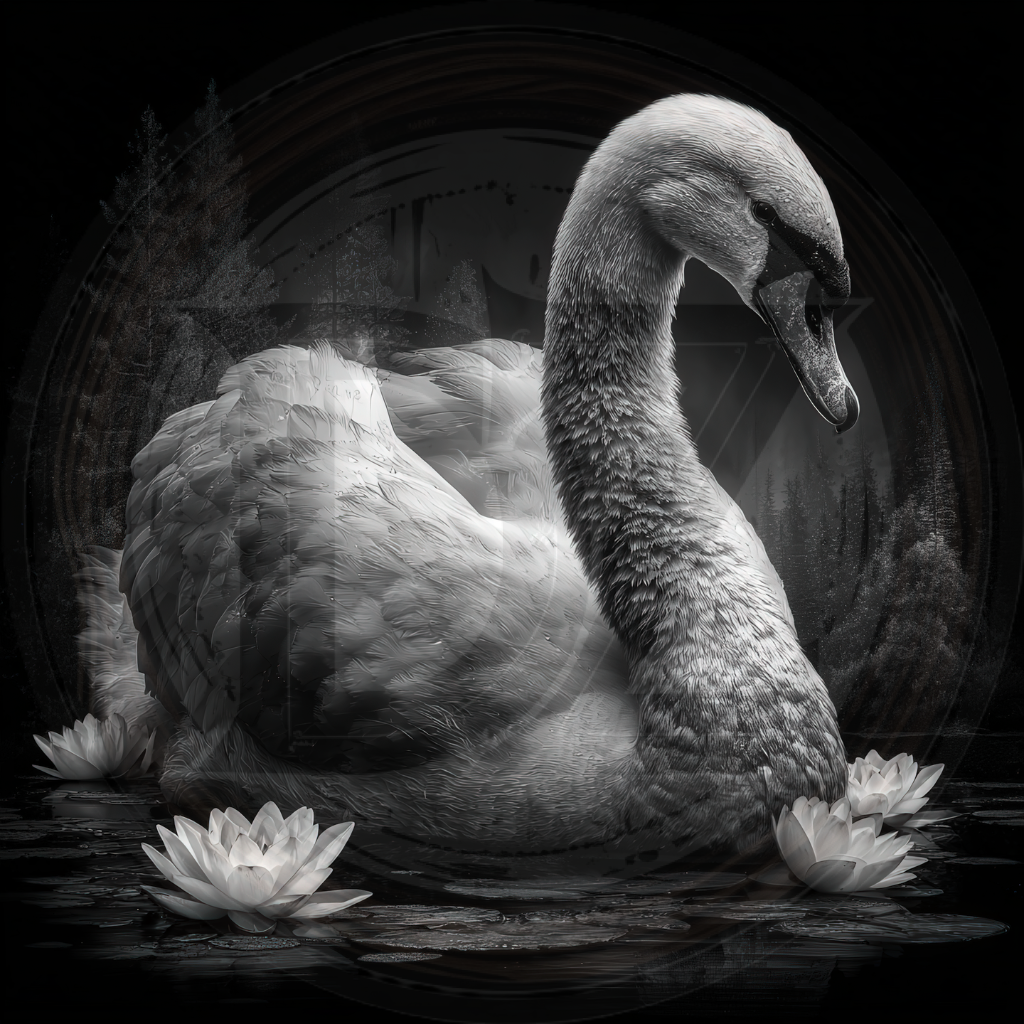 Black and white swan in water with lilies