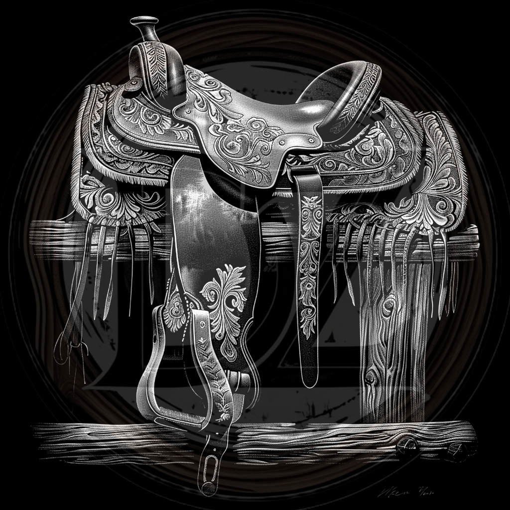 Decorative horse saddle with intricate patterns on a dark background