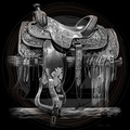 Decorative horse saddle with intricate patterns on a dark background