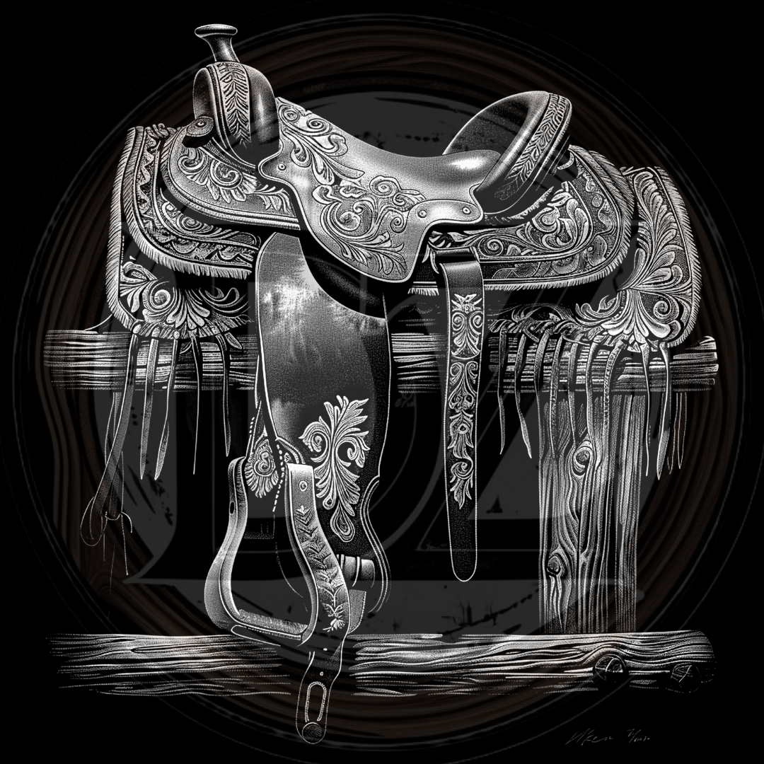 Decorative horse saddle with intricate patterns on a dark background